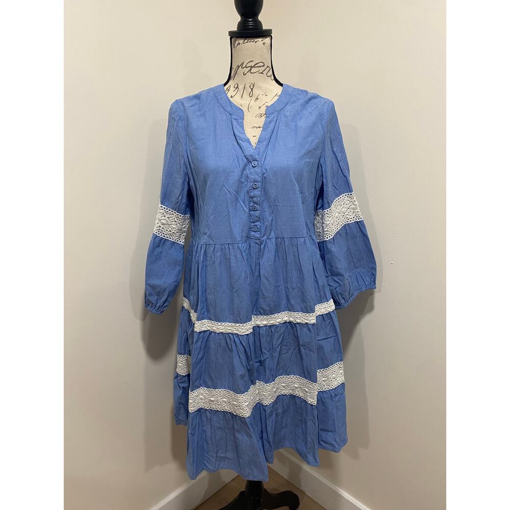 Linda Anderson Cotton Blue White Lace Long Sleeve Dress Tunic Size Medium